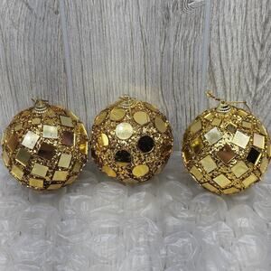 Set of 3 Gold Glitter Mosaic Christmas Ornaments Disco Ball Mirror Holiday Decor